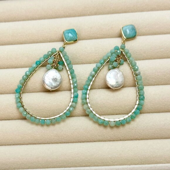 NEW Statement Chandelier Earrings Beaded Natural Amazonite Fresh Water Pearl 18K - Picture 7 of 12